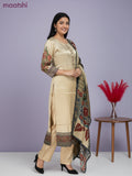 Crepe salwar suit beige with kalamkari prints & sequin zardosi work neck pattern and straight cut pant & dupatta