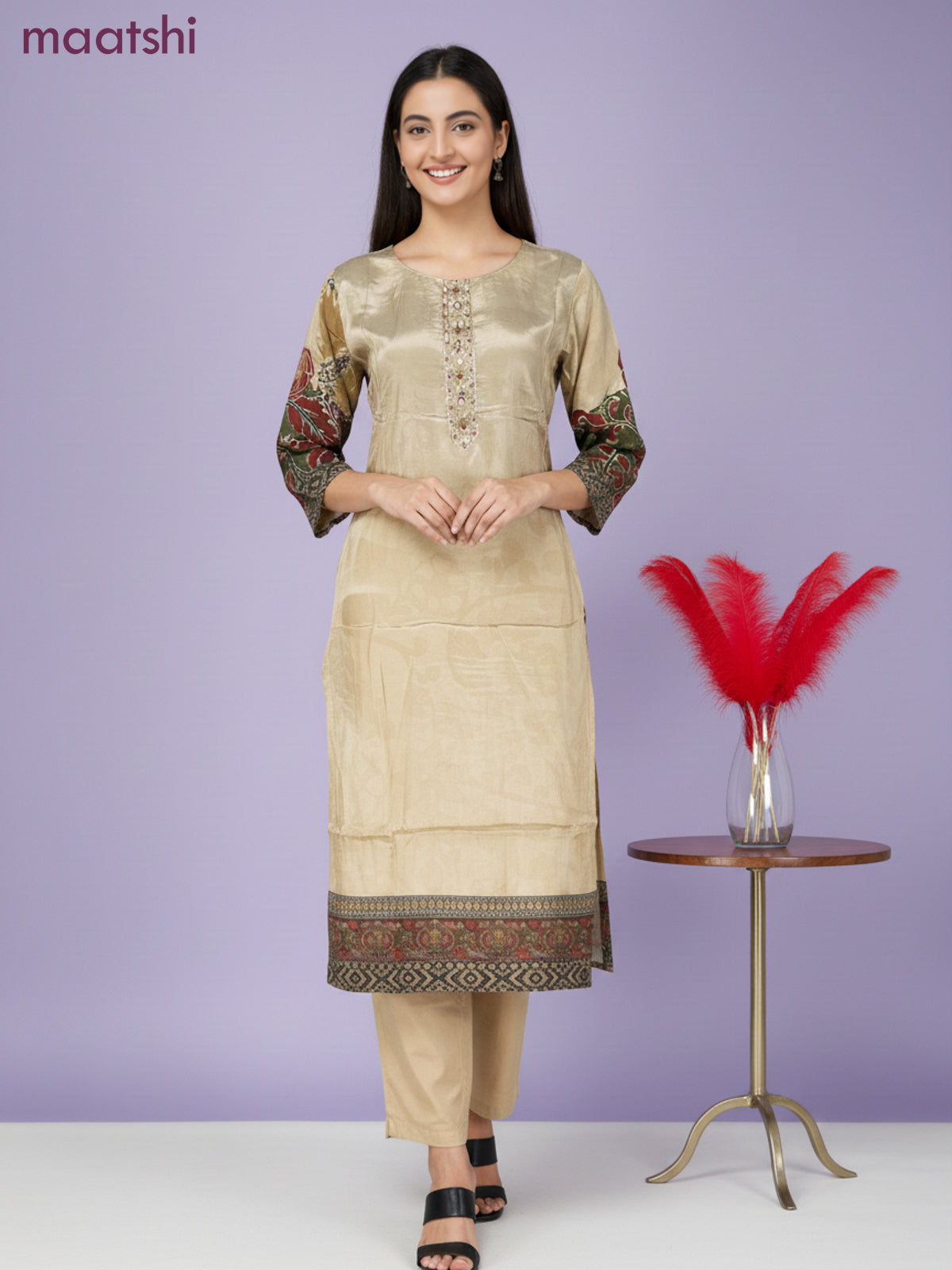 Crepe salwar suit beige with kalamkari prints & sequin zardosi work neck pattern and straight cut pant & dupatta