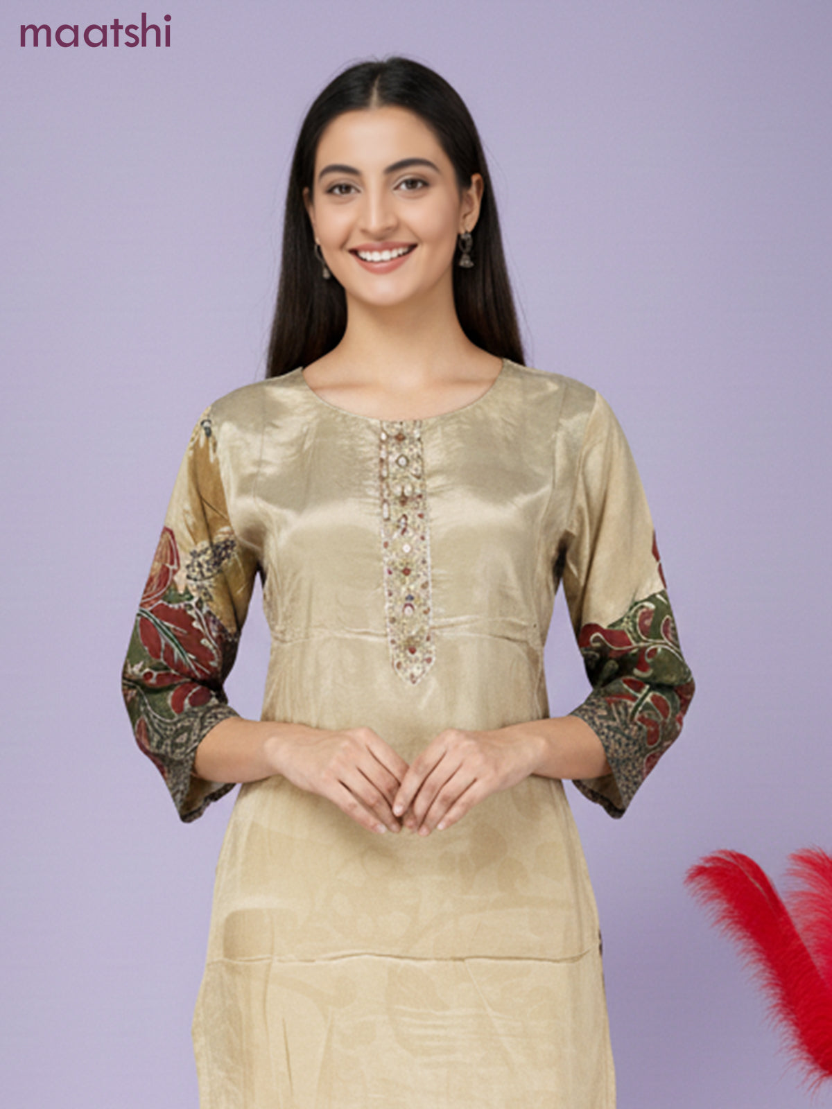 Crepe salwar suit beige with kalamkari prints & sequin zardosi work neck pattern and straight cut pant & dupatta