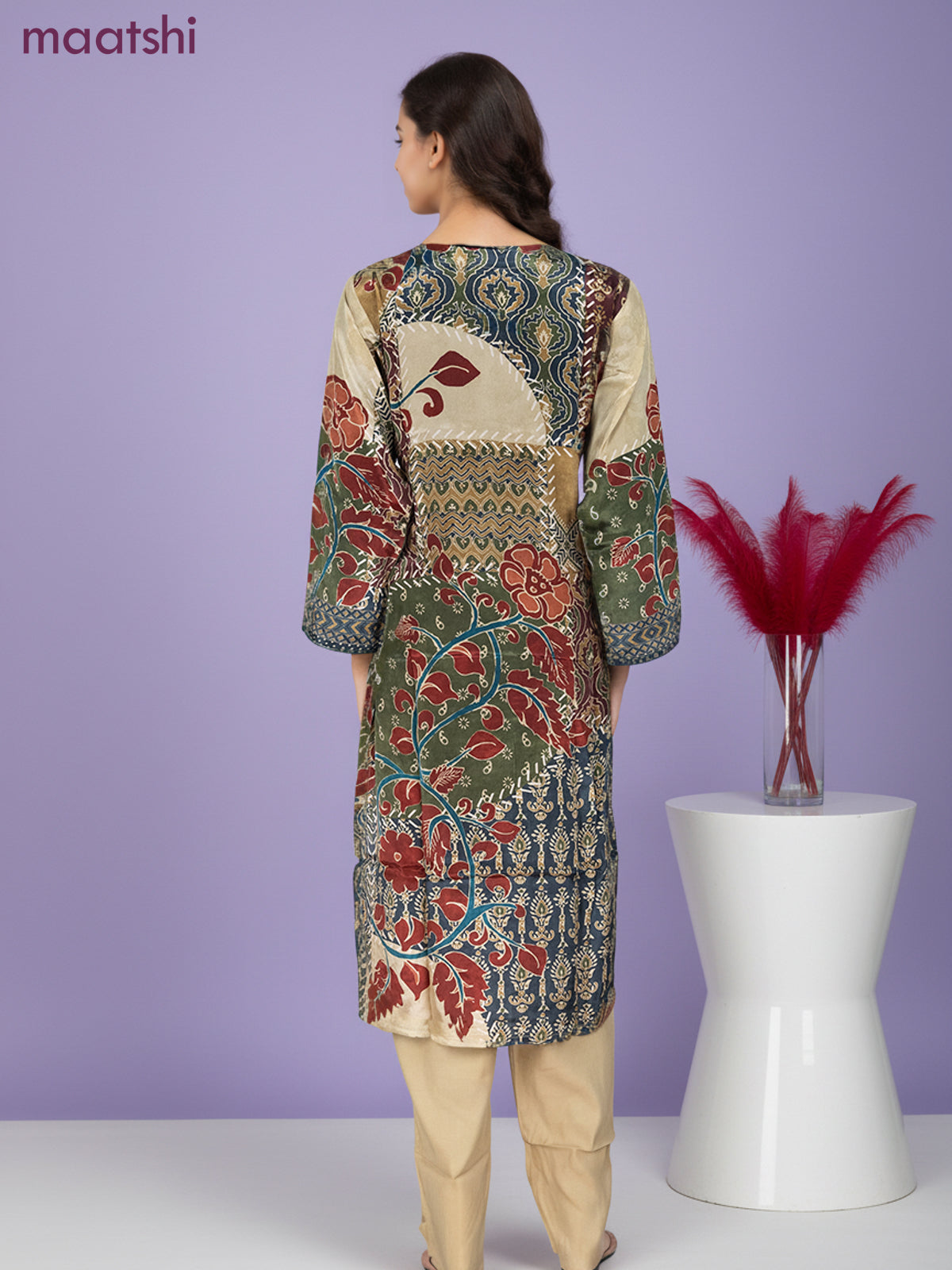 Crepe salwar suit beige with kalamkari prints & sequin zardosi work neck pattern and straight cut pant & dupatta
