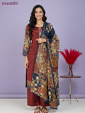 Crepe salwar suit maroon with kalamkari prints & sequin zardosi work neck pattern and straight cut pant & dupatta