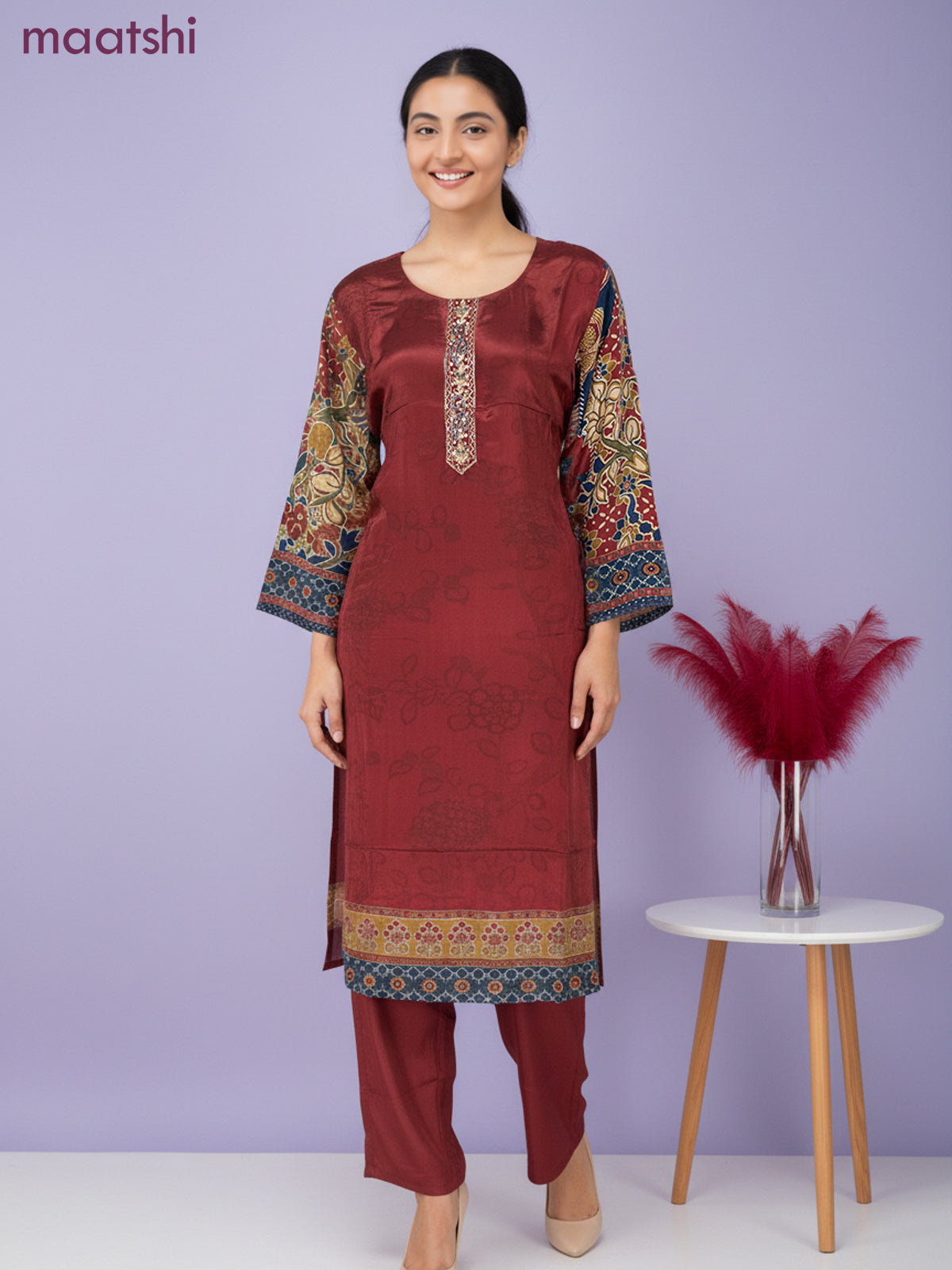 Crepe salwar suit maroon with kalamkari prints & sequin zardosi work neck pattern and straight cut pant & dupatta