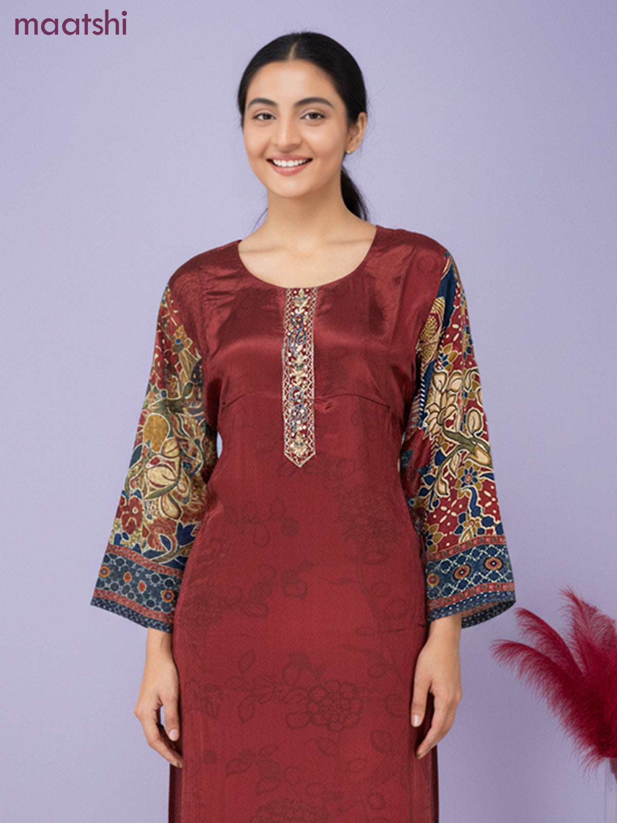 Crepe salwar suit maroon with kalamkari prints & sequin zardosi work neck pattern and straight cut pant & dupatta