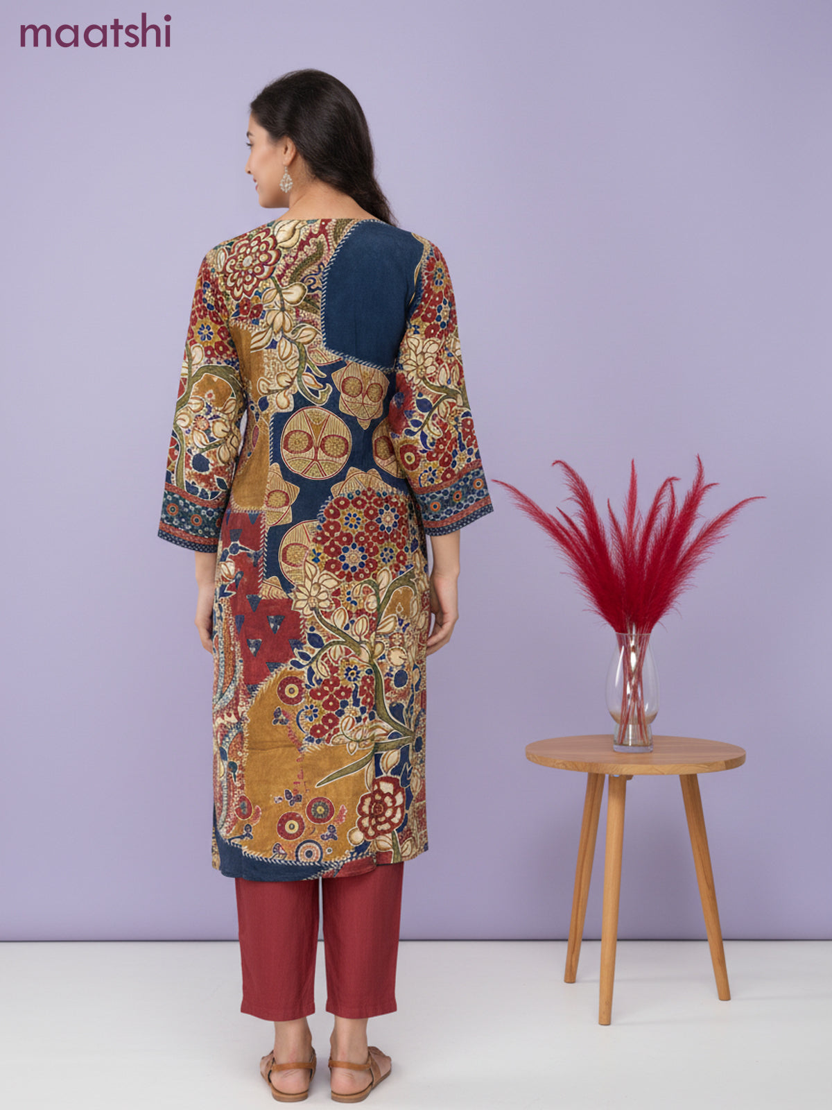 Crepe salwar suit maroon with kalamkari prints & sequin zardosi work neck pattern and straight cut pant & dupatta