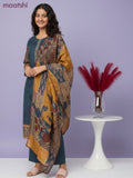 Crepe salwar suit peacock blue shade with kalamkari prints & sequin zardosi work neck pattern and straight cut pant & dupatta