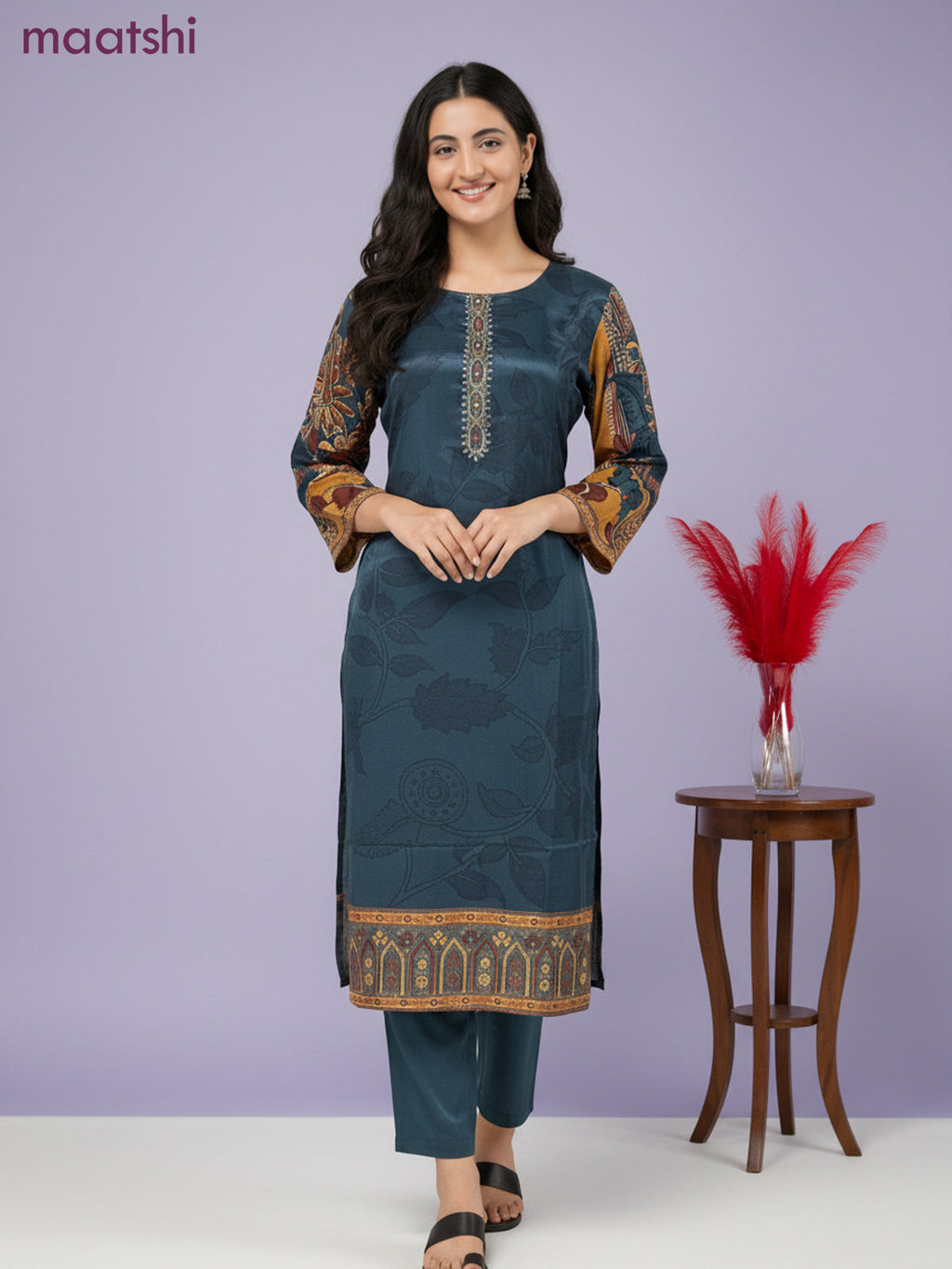 Crepe salwar suit peacock blue shade with kalamkari prints & sequin zardosi work neck pattern and straight cut pant & dupatta