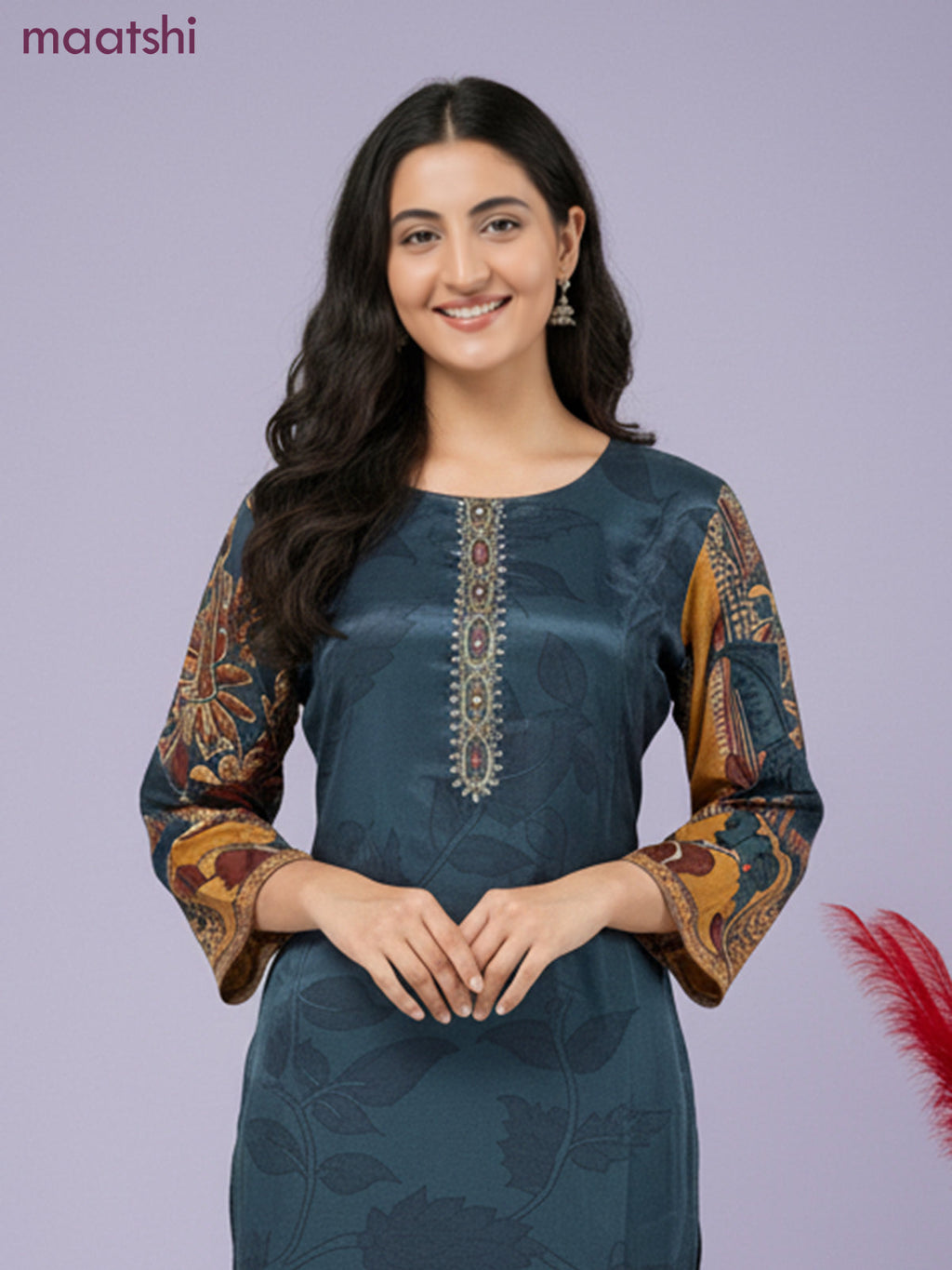 Crepe salwar suit peacock blue shade with kalamkari prints & sequin zardosi work neck pattern and straight cut pant & dupatta