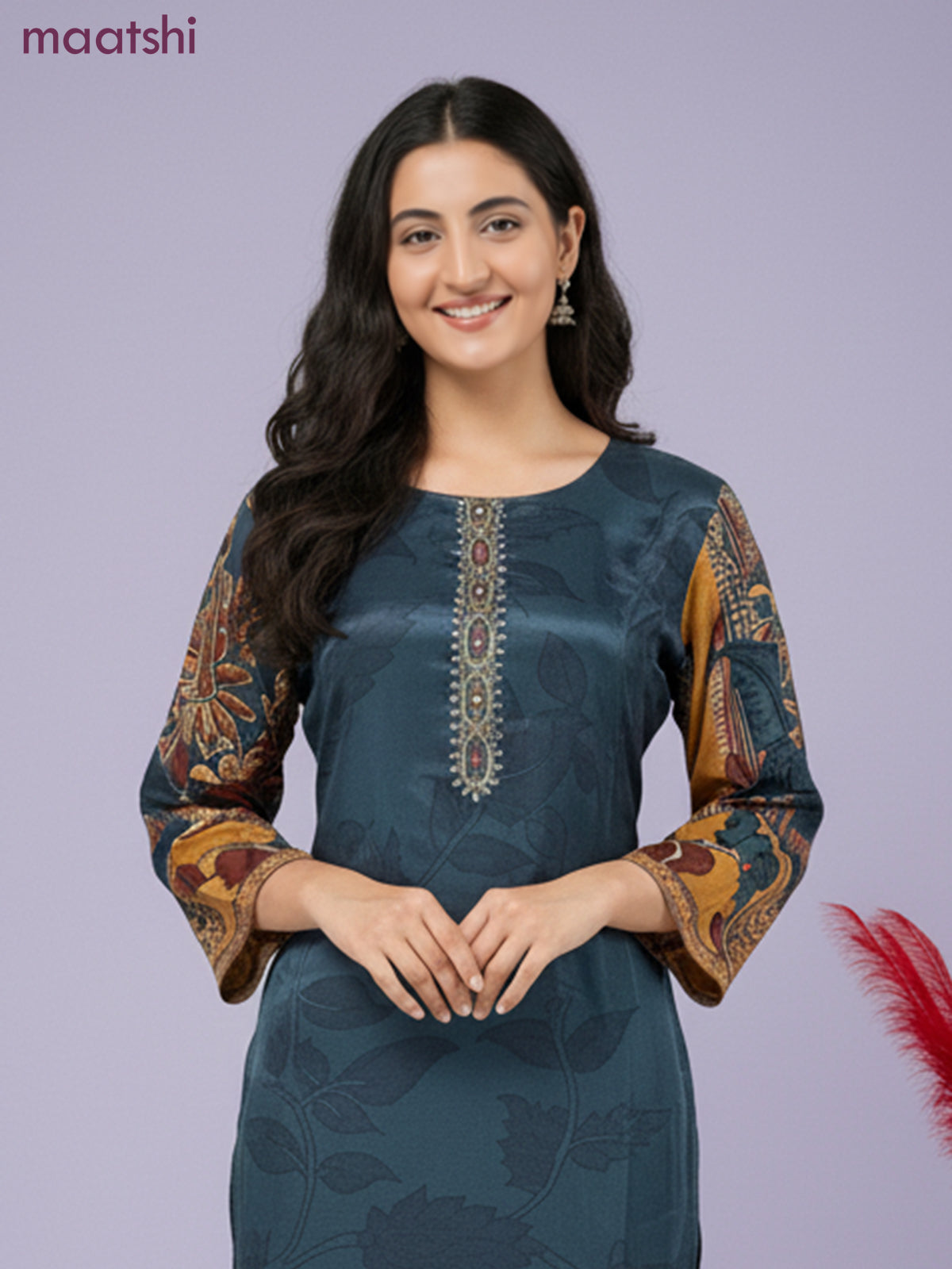 Crepe salwar suit peacock blue shade with kalamkari prints & sequin zardosi work neck pattern and straight cut pant & dupatta