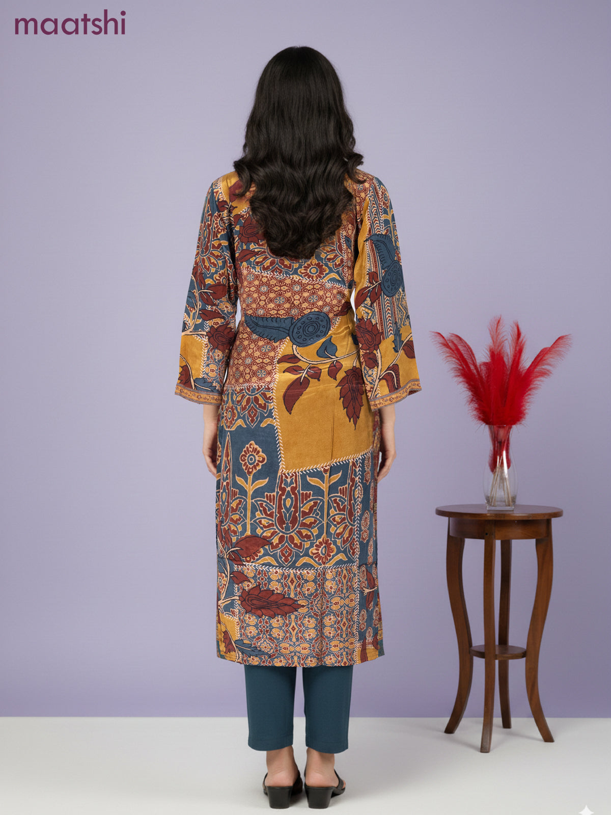 Crepe salwar suit peacock blue shade with kalamkari prints & sequin zardosi work neck pattern and straight cut pant & dupatta