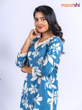Cotton kurti set blue and off white with allover floral prints & lace work v neck pattern and straight cut pant