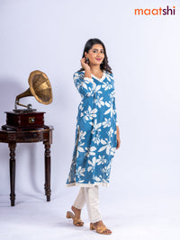 Cotton kurti set blue and off white with allover floral prints & lace work v neck pattern and straight cut pant