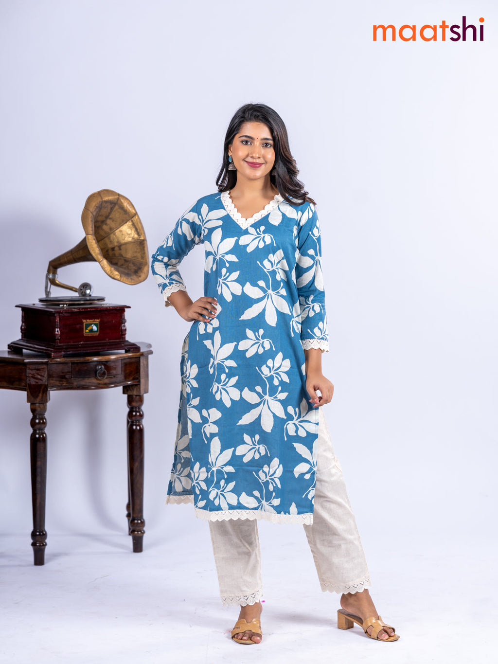 Cotton kurti set blue and off white with allover floral prints & lace work v neck pattern and straight cut pant