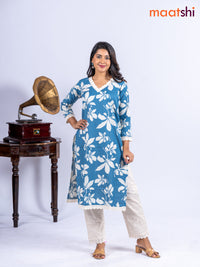 Cotton kurti set blue and off white with allover floral prints & lace work v neck pattern and straight cut pant