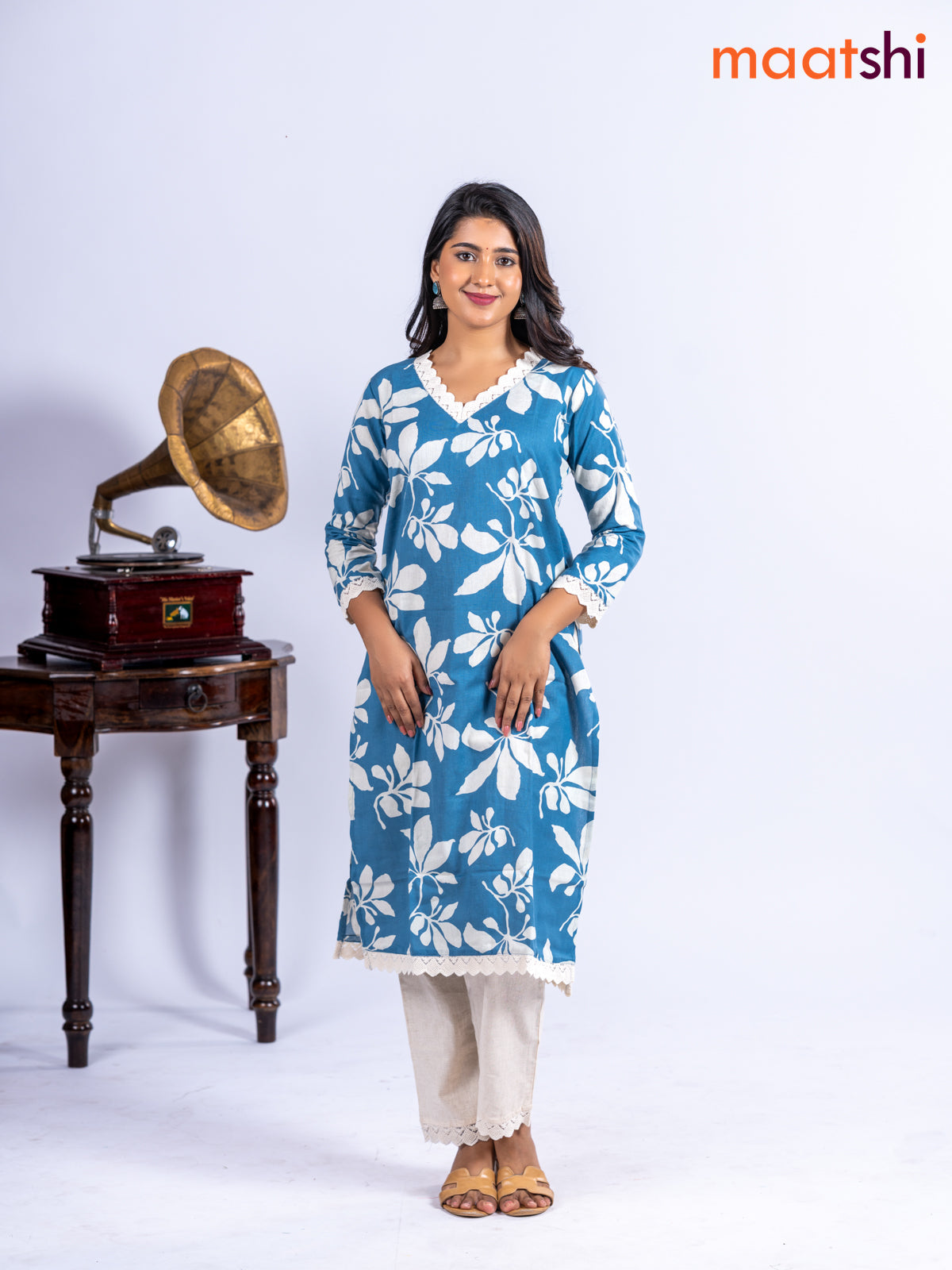 Cotton kurti set blue and off white with allover floral prints & lace work v neck pattern and straight cut pant