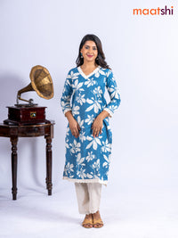 Cotton kurti set blue and off white with allover floral prints & lace work v neck pattern and straight cut pant