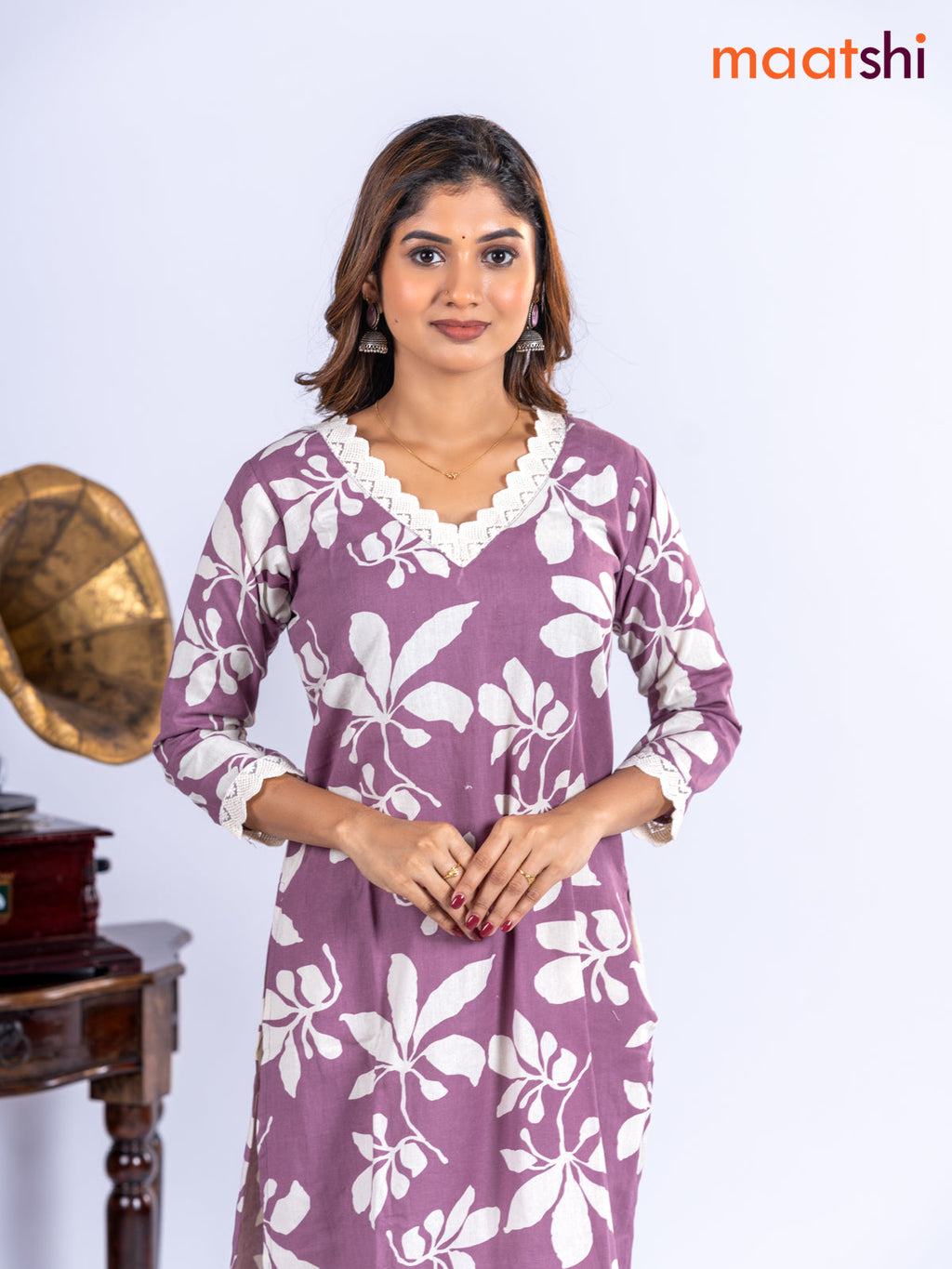 Cotton kurti set mauve pink and off white with allover floral prints & lace work v neck pattern and straight cut pant