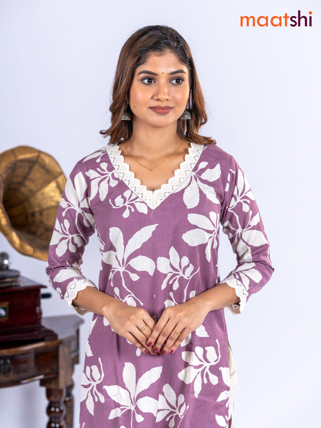 Cotton kurti set mauve pink and off white with allover floral prints & lace work v neck pattern and straight cut pant
