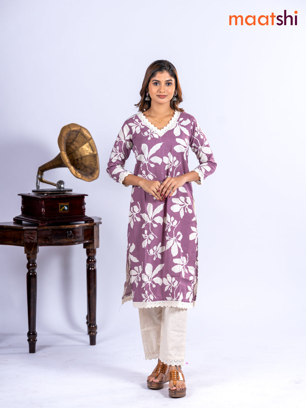 Cotton kurti set mauve pink and off white with allover floral prints & lace work v neck pattern and straight cut pant