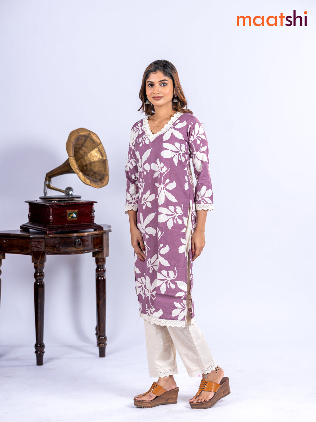 Cotton kurti set mauve pink and off white with allover floral prints & lace work v neck pattern and straight cut pant