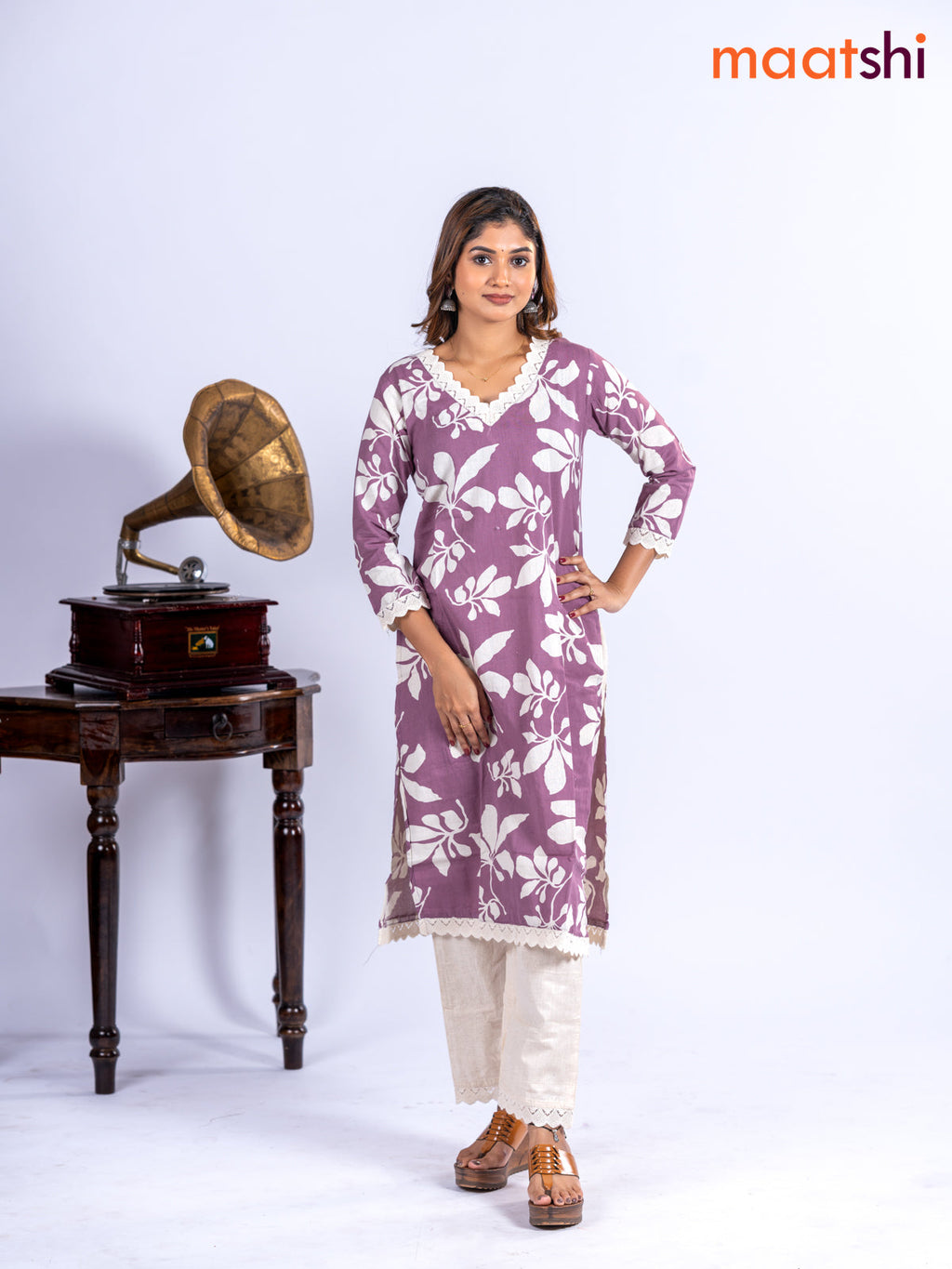 Cotton kurti set mauve pink and off white with allover floral prints & lace work v neck pattern and straight cut pant