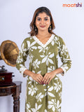 Cotton kurti set olive green and off white with allover floral prints & lace work v neck pattern and straight cut pant