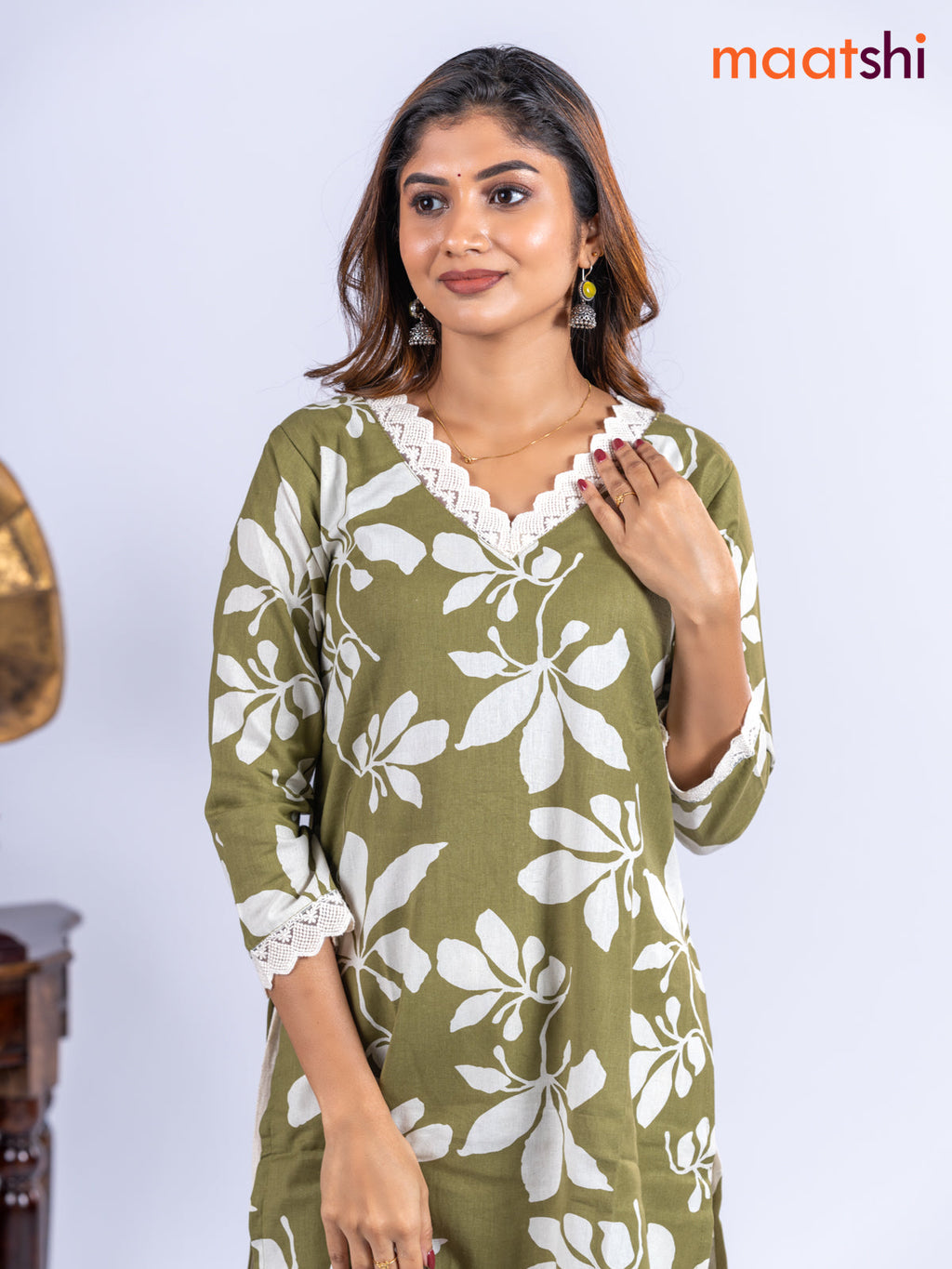 Cotton kurti set olive green and off white with allover floral prints & lace work v neck pattern and straight cut pant