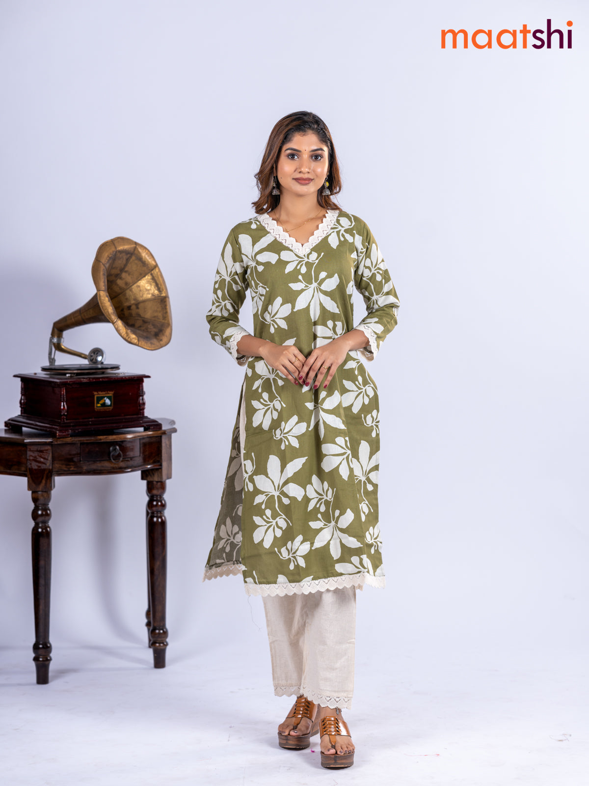 Cotton kurti set olive green and off white with allover floral prints & lace work v neck pattern and straight cut pant