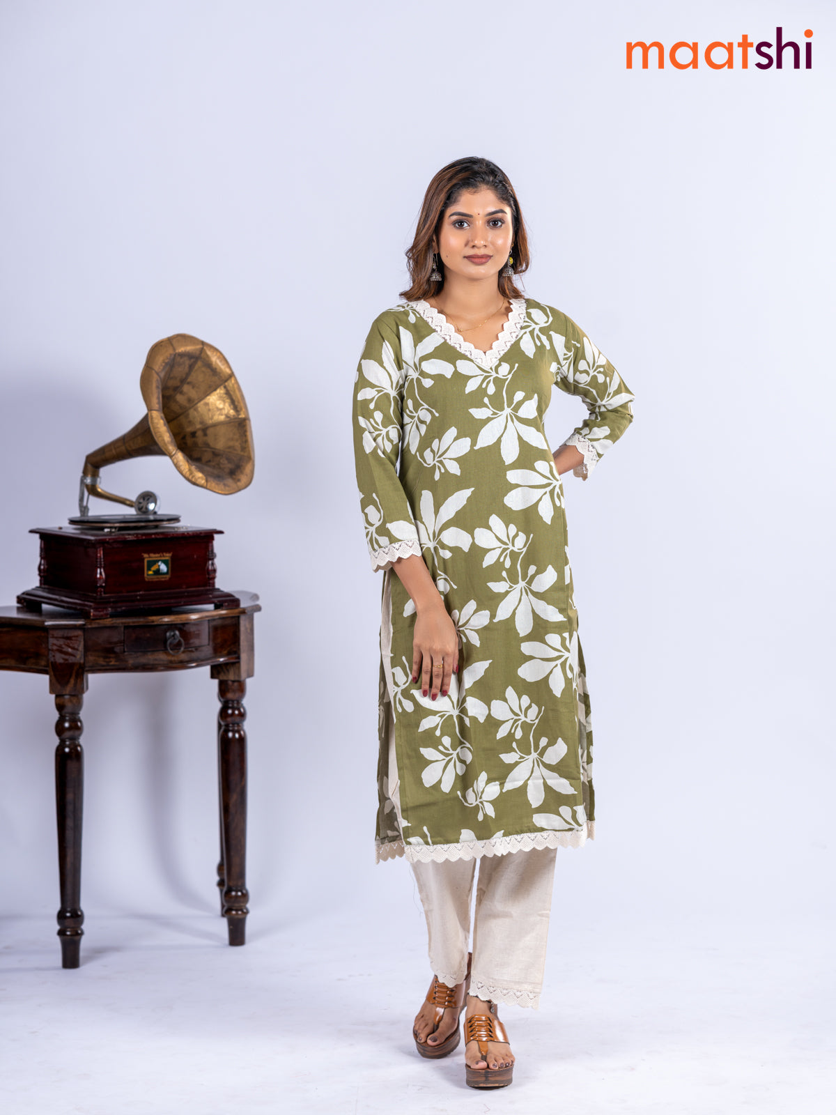Cotton kurti set olive green and off white with allover floral prints & lace work v neck pattern and straight cut pant