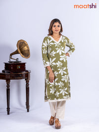 Cotton kurti set olive green and off white with allover floral prints & lace work v neck pattern and straight cut pant