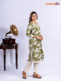 Cotton kurti set olive green and off white with allover floral prints & lace work v neck pattern and straight cut pant