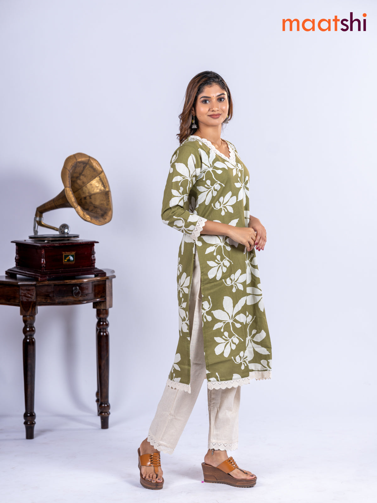 Cotton kurti set olive green and off white with allover floral prints & lace work v neck pattern and straight cut pant