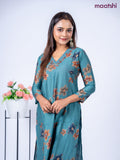 Rayon kurti set teal geen with allover prints & embroidery work v neck pattern and straight cut pant