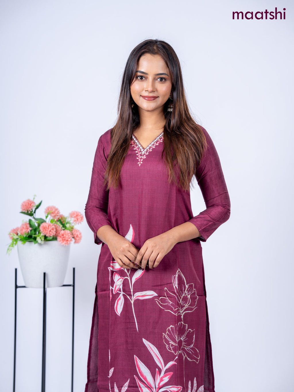 Rayon kurti set maroon with floral prints & embroidery mirror work v neck pattern and straight cut pant