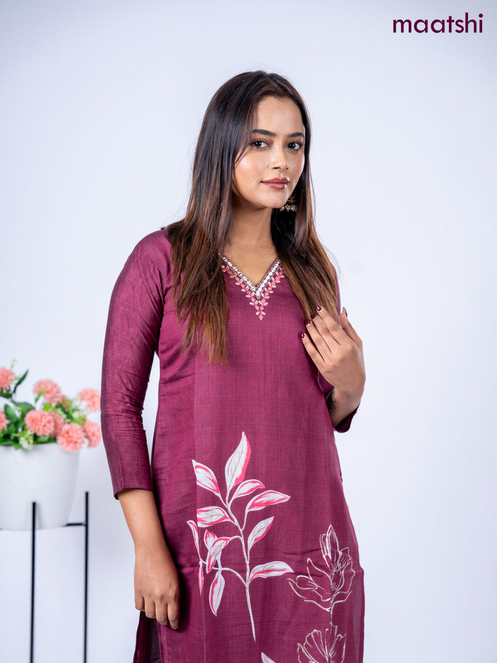 Rayon kurti set maroon with floral prints & embroidery mirror work v neck pattern and straight cut pant
