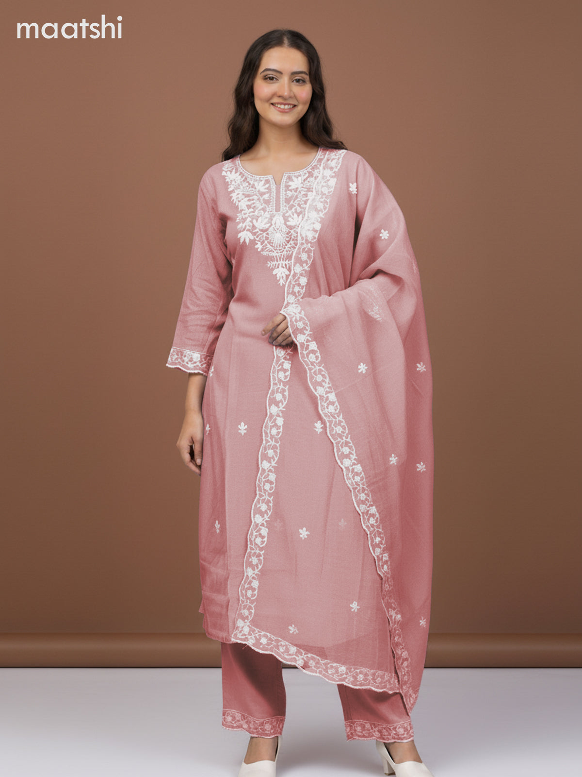 Chanderi salwar suit peach shade with embroidery work neck pattern and and palazzo pant & dupatta