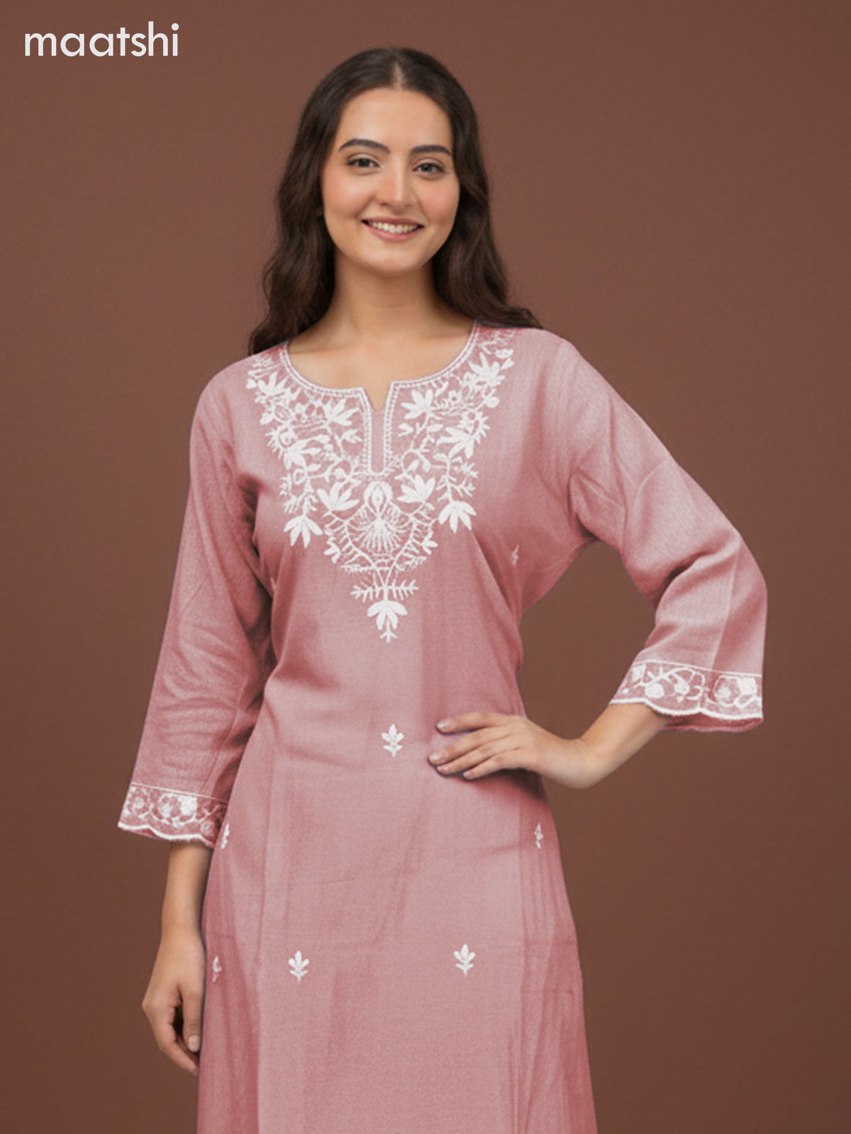 Chanderi salwar suit peach shade with embroidery work neck pattern and and palazzo pant & dupatta