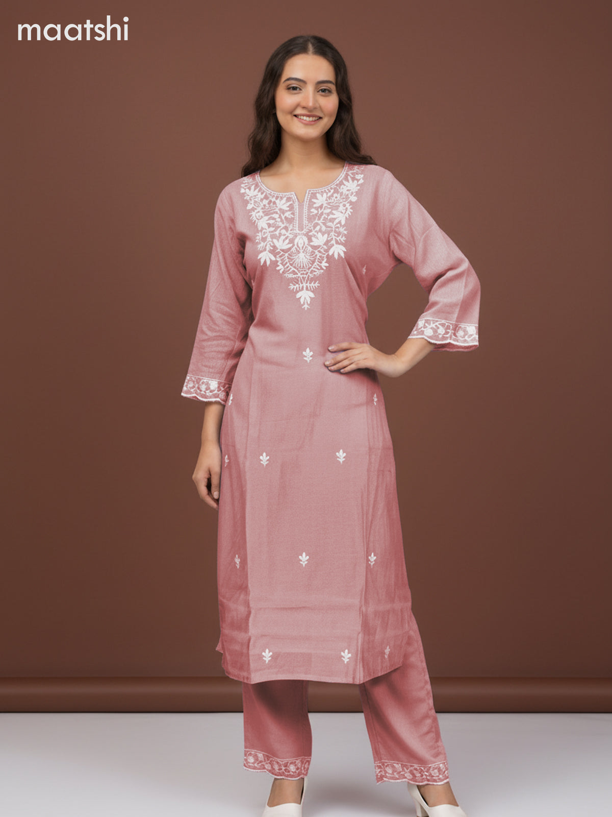 Chanderi salwar suit peach shade with embroidery work neck pattern and and palazzo pant & dupatta
