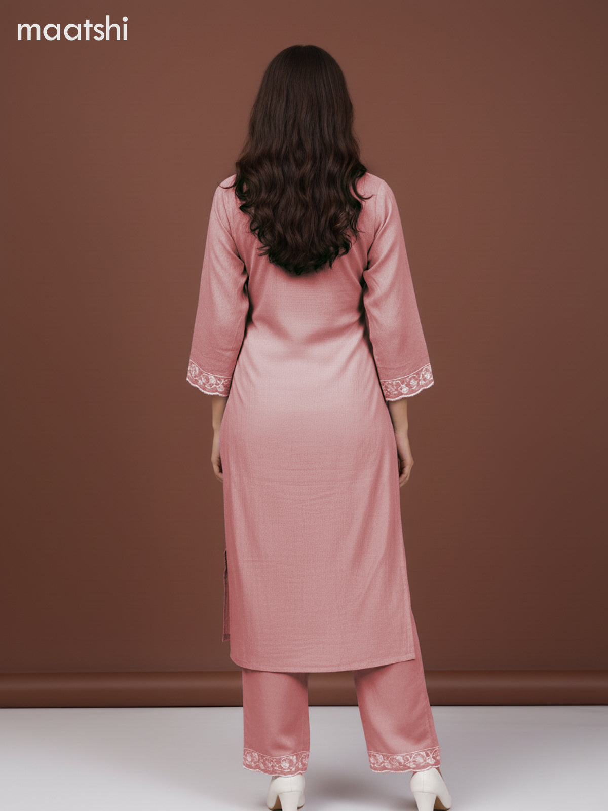 Chanderi salwar suit peach shade with embroidery work neck pattern and and palazzo pant & dupatta