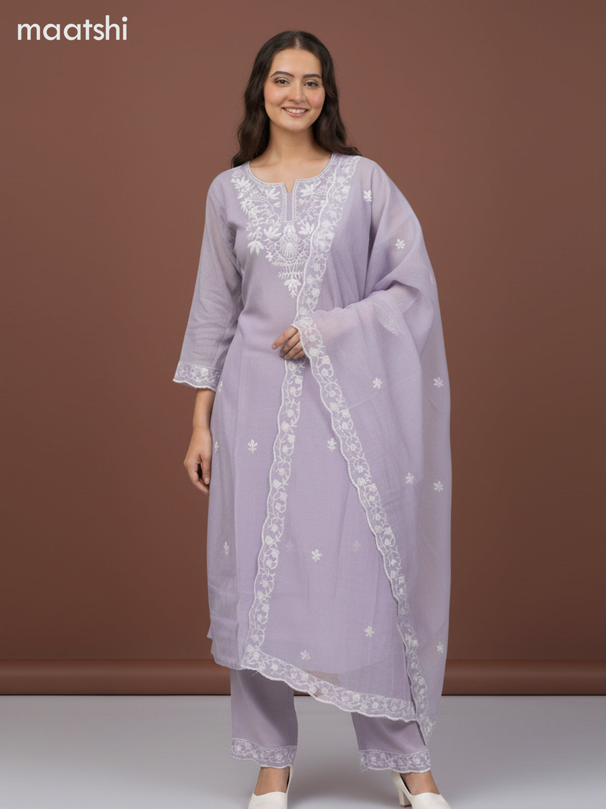 Chanderi salwar suit mild lavender with embroidery work neck pattern and and palazzo pant & dupatta