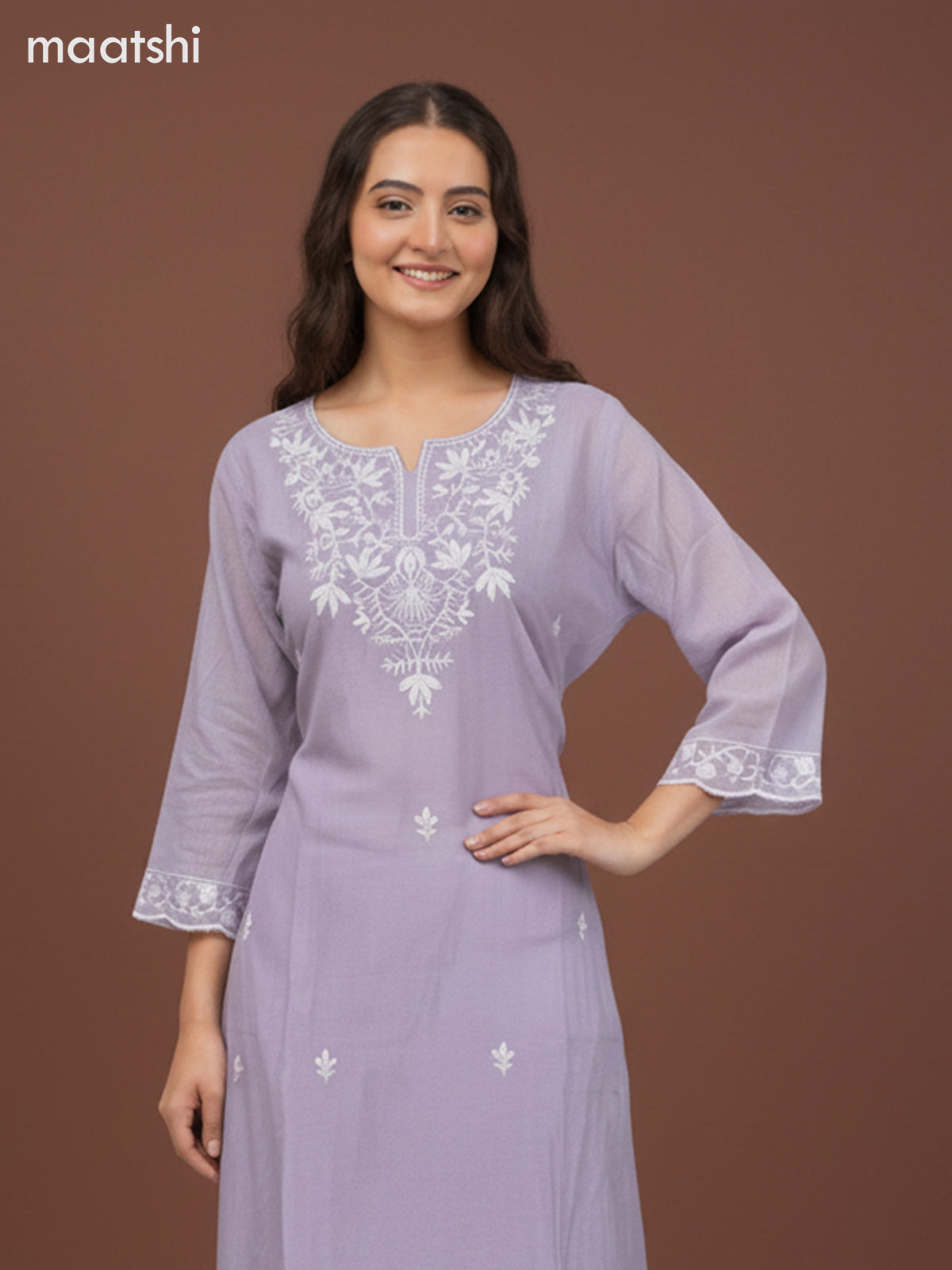 Chanderi salwar suit mild lavender with embroidery work neck pattern and and palazzo pant & dupatta
