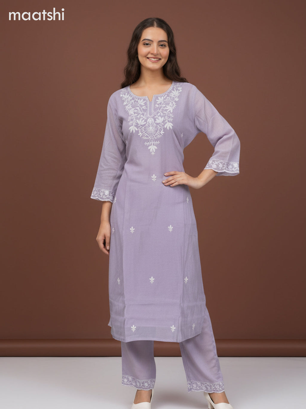 Chanderi salwar suit mild lavender with embroidery work neck pattern and and palazzo pant & dupatta