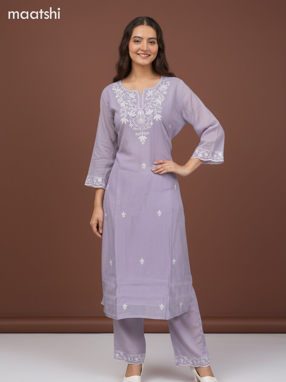 Chanderi salwar suit mild lavender with embroidery work neck pattern and and palazzo pant & dupatta