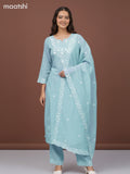 Chanderi salwar suit teal blue shade with embroidery work neck pattern and and palazzo pant & dupatta