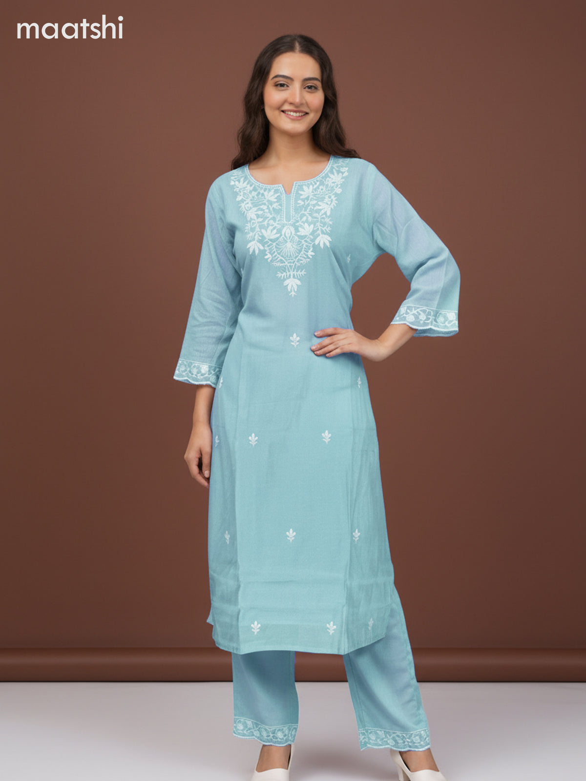 Chanderi salwar suit teal blue shade with embroidery work neck pattern and and palazzo pant & dupatta