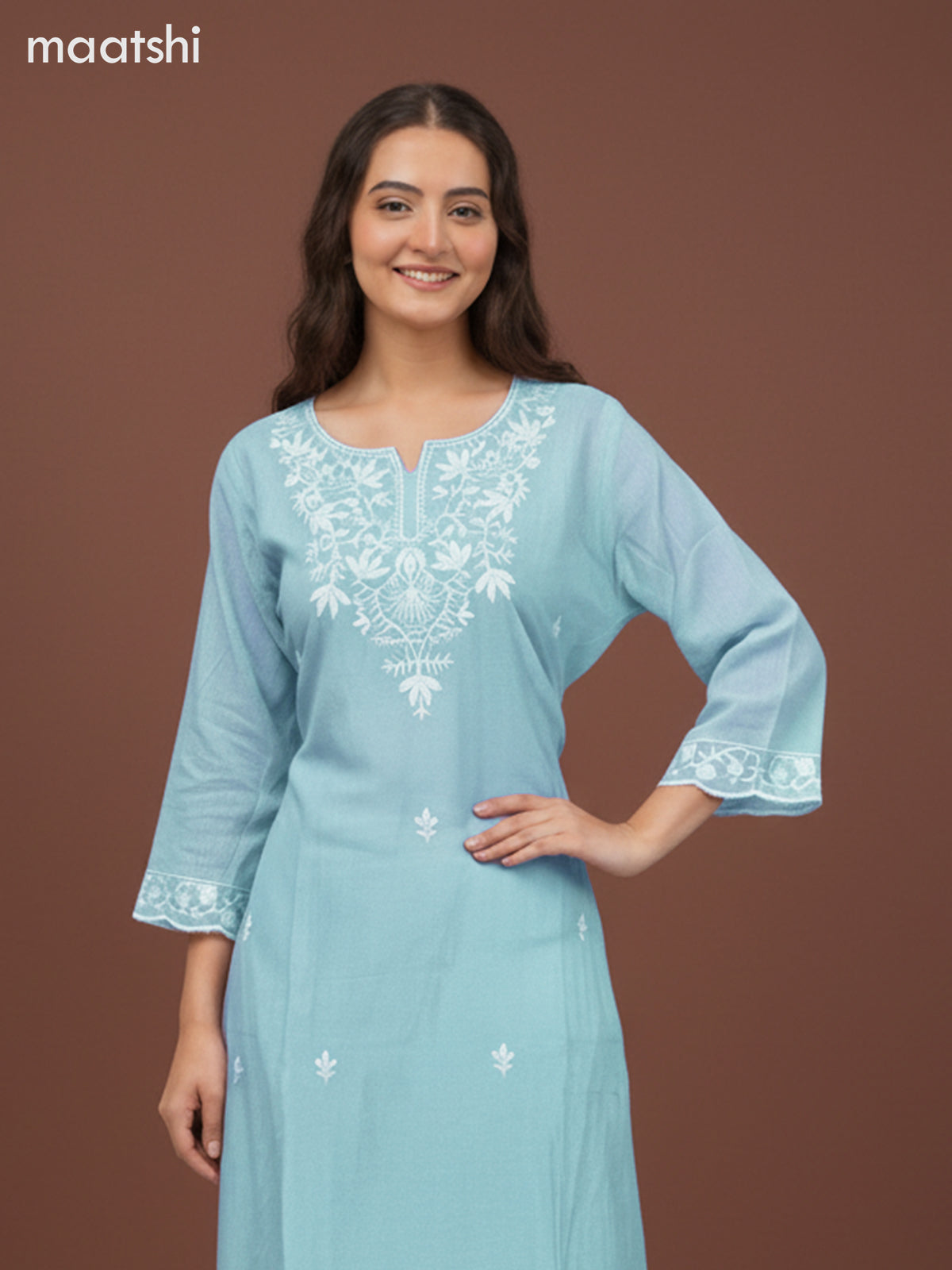 Chanderi salwar suit teal blue shade with embroidery work neck pattern and and palazzo pant & dupatta