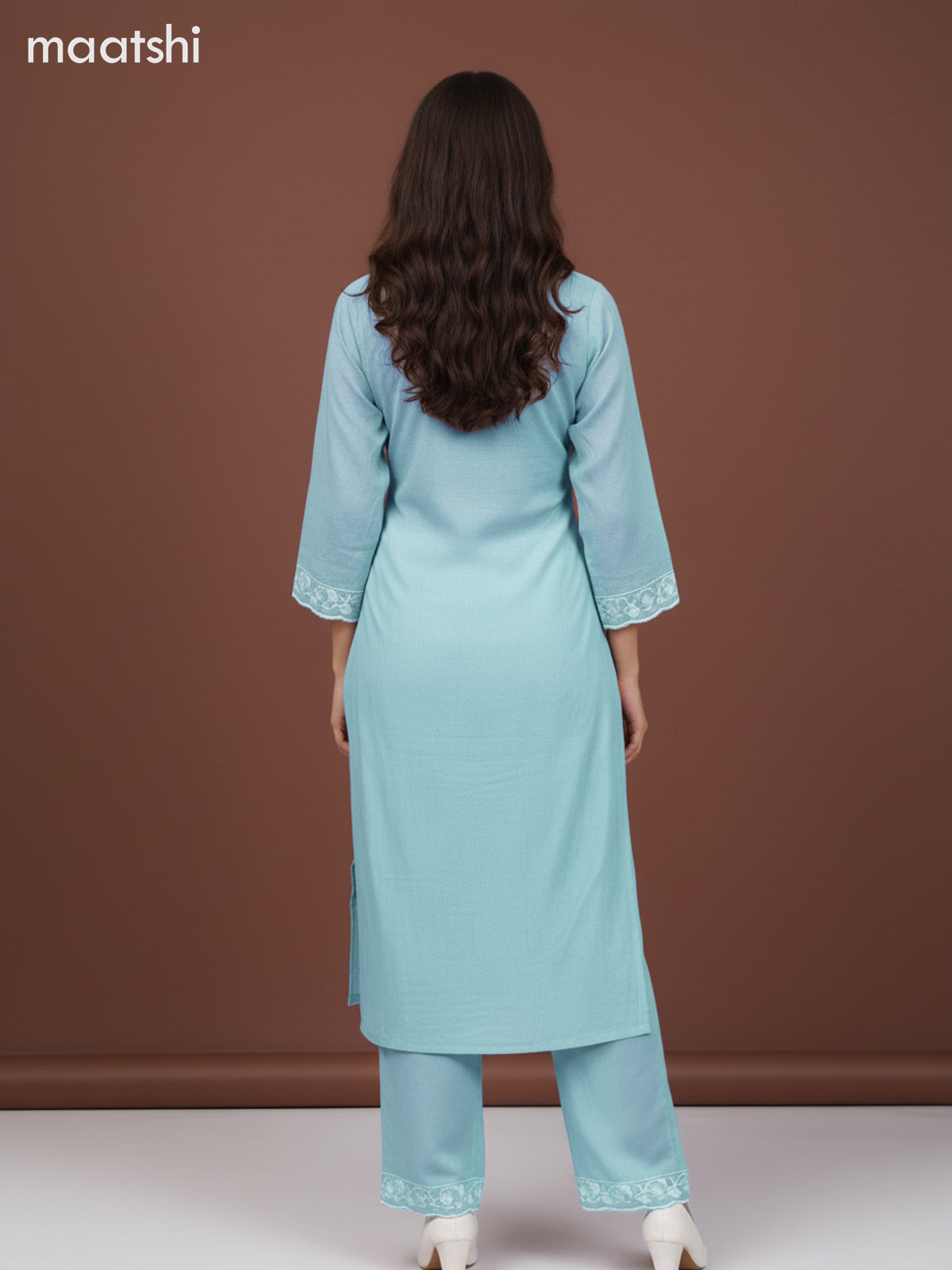 Chanderi salwar suit teal blue shade with embroidery work neck pattern and and palazzo pant & dupatta