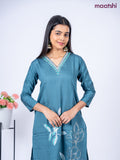 Rayon kurti set peacock blue shade with floral prints & embroidery mirror work v neck pattern and straight cut pant