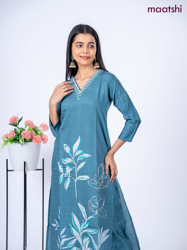 Rayon kurti set peacock blue shade with floral prints & embroidery mirror work v neck pattern and straight cut pant