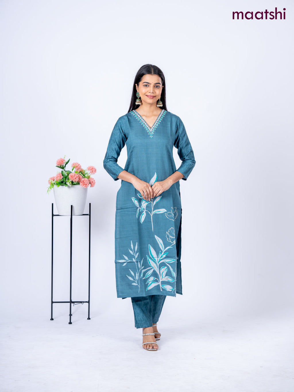 Rayon kurti set peacock blue shade with floral prints & embroidery mirror work v neck pattern and straight cut pant