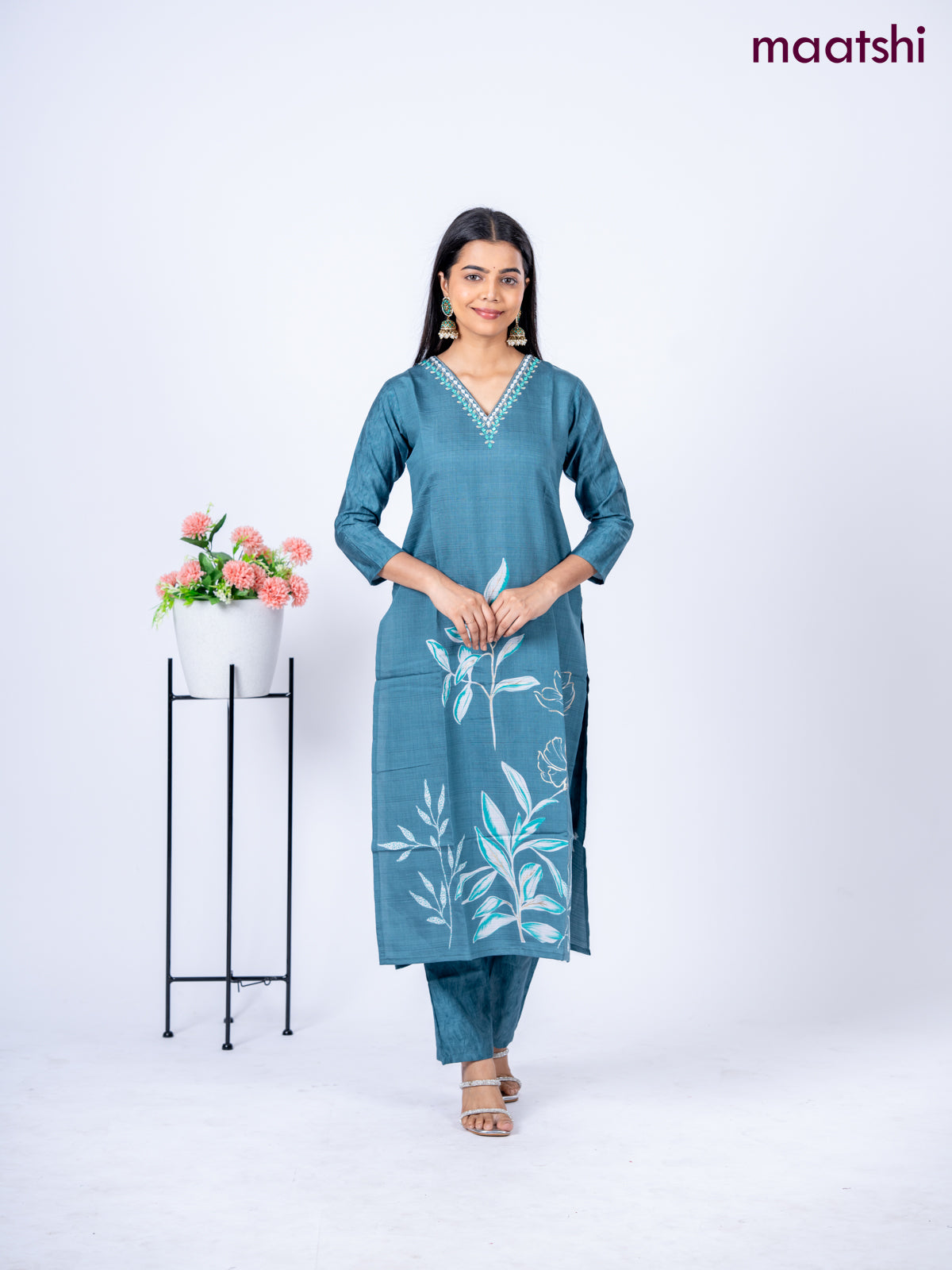 Rayon kurti set peacock blue shade with floral prints & embroidery mirror work v neck pattern and straight cut pant